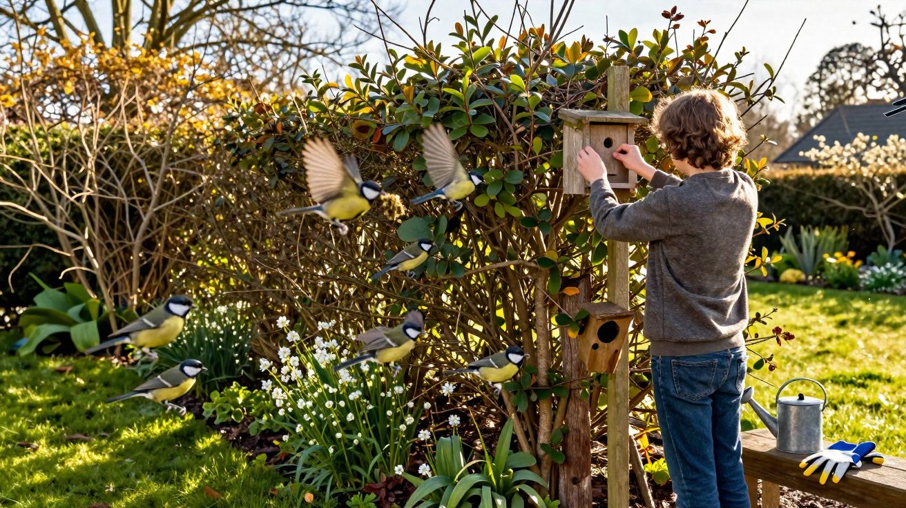Menino ajusta casa de pássaros num jardim com vários pássaros voando ao redor ao fim da tarde.