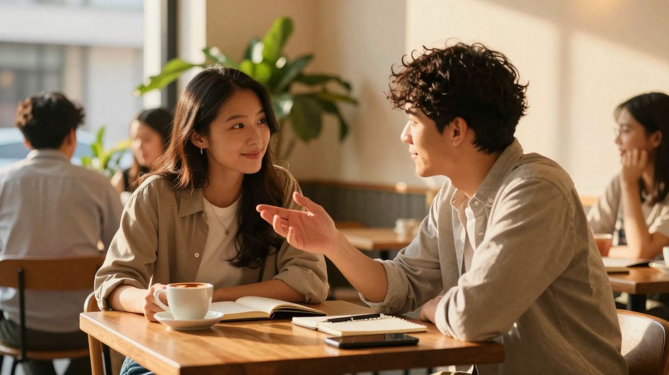 Casal jovem a conversar e beber café numa esplanada com ambiente acolhedor e luz natural suave.
