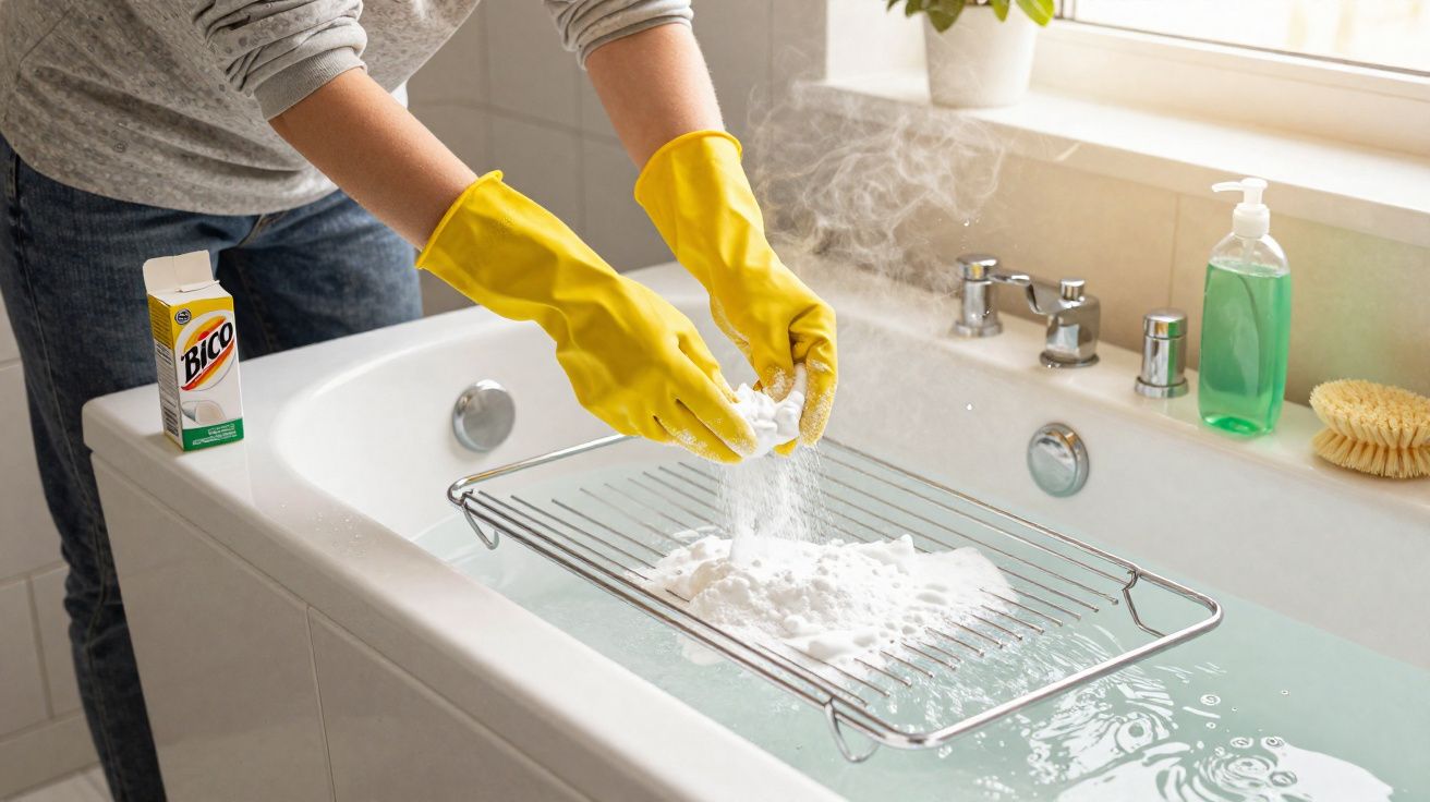 Pessoa com luvas amarelas a adicionar bicarbonato de sódio em água numa banheira para limpeza.