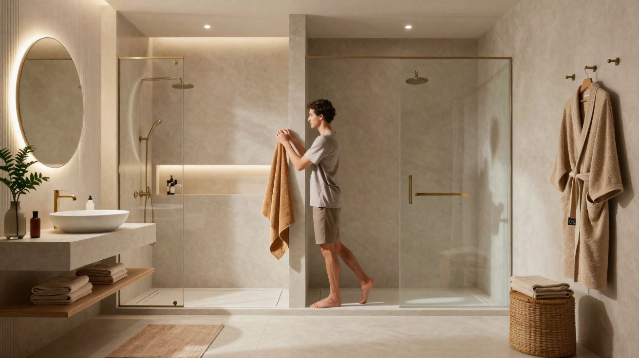 Casa de banho moderna com duche duplo, loiças brancas, espelho redondo e pessoa a segurar toalha castanha.