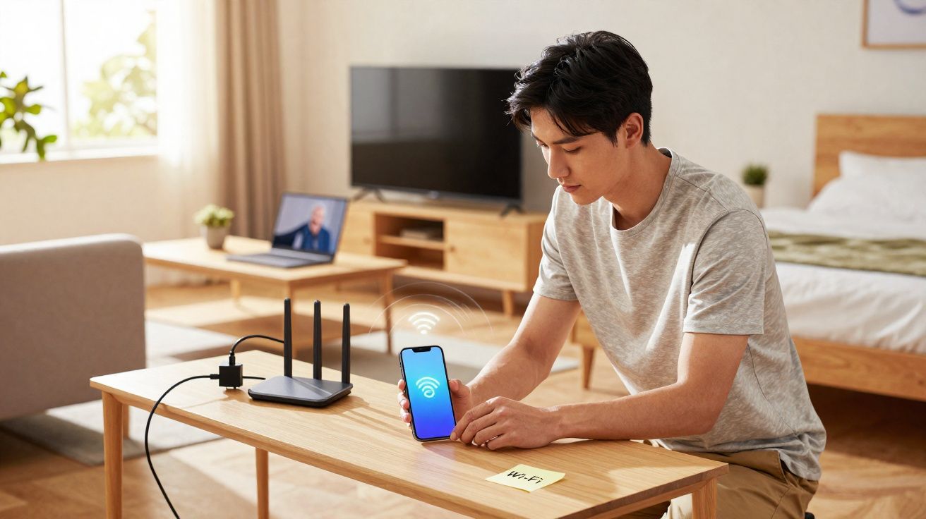 Homem sentado numa mesa a configurar ligação Wi-Fi no smartphone junto a router, em sala com cama e televisão.