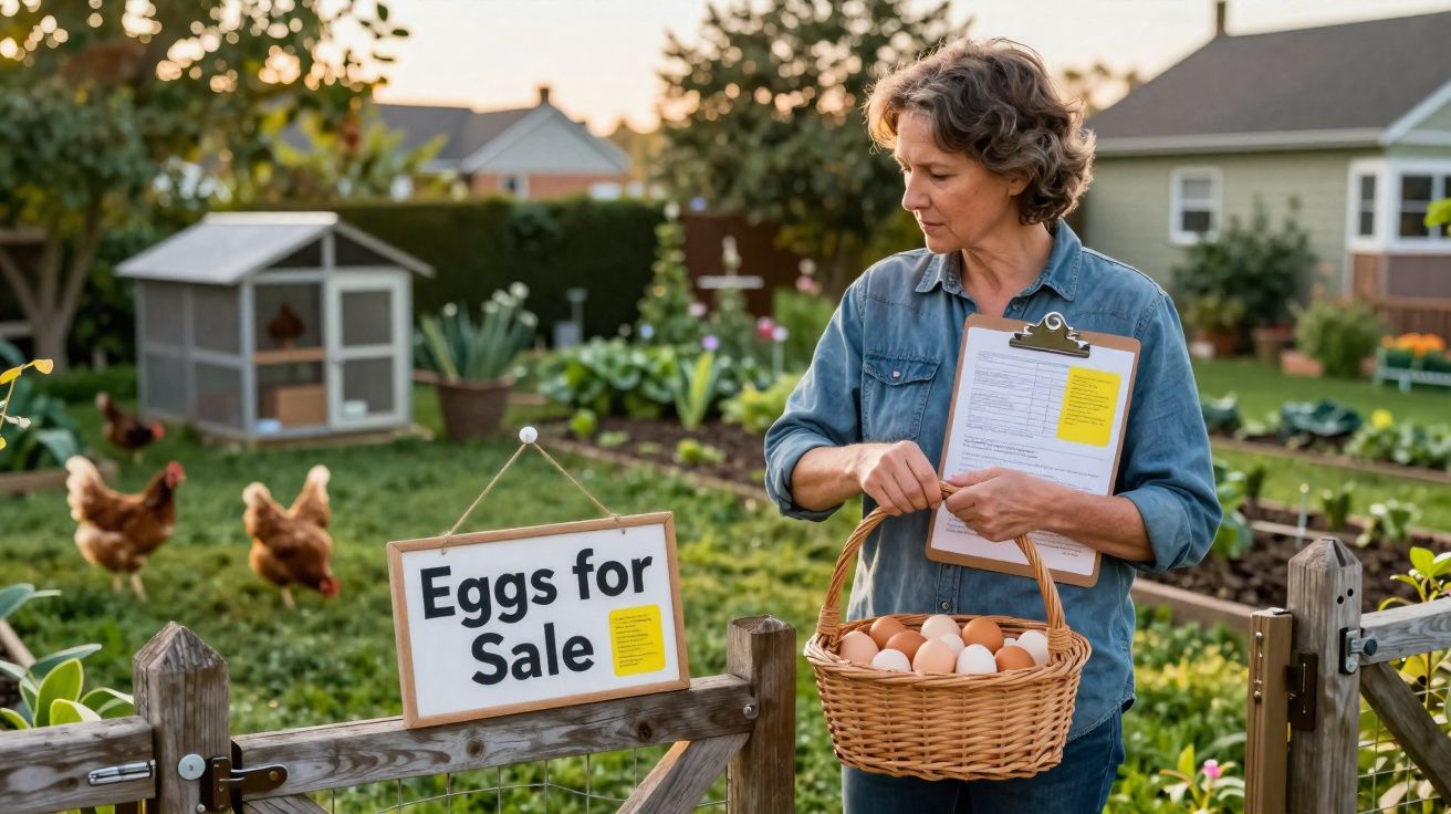 Mulher num jardim a segurar cesto com ovos junto a placa “Eggs for Sale” e galinhas ao fundo.
