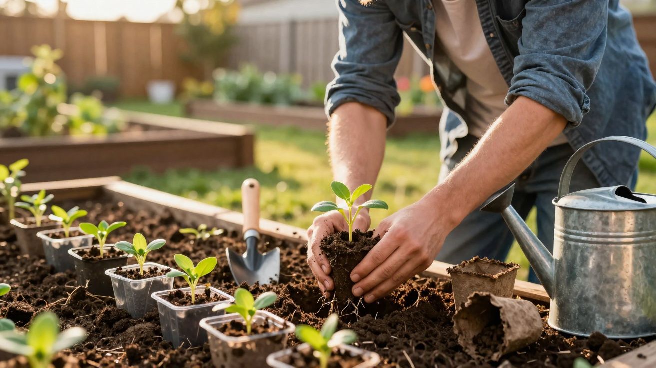 Pessoa a transplantar uma planta jovem para um canteiro de jardim com regador e enxada ao lado.