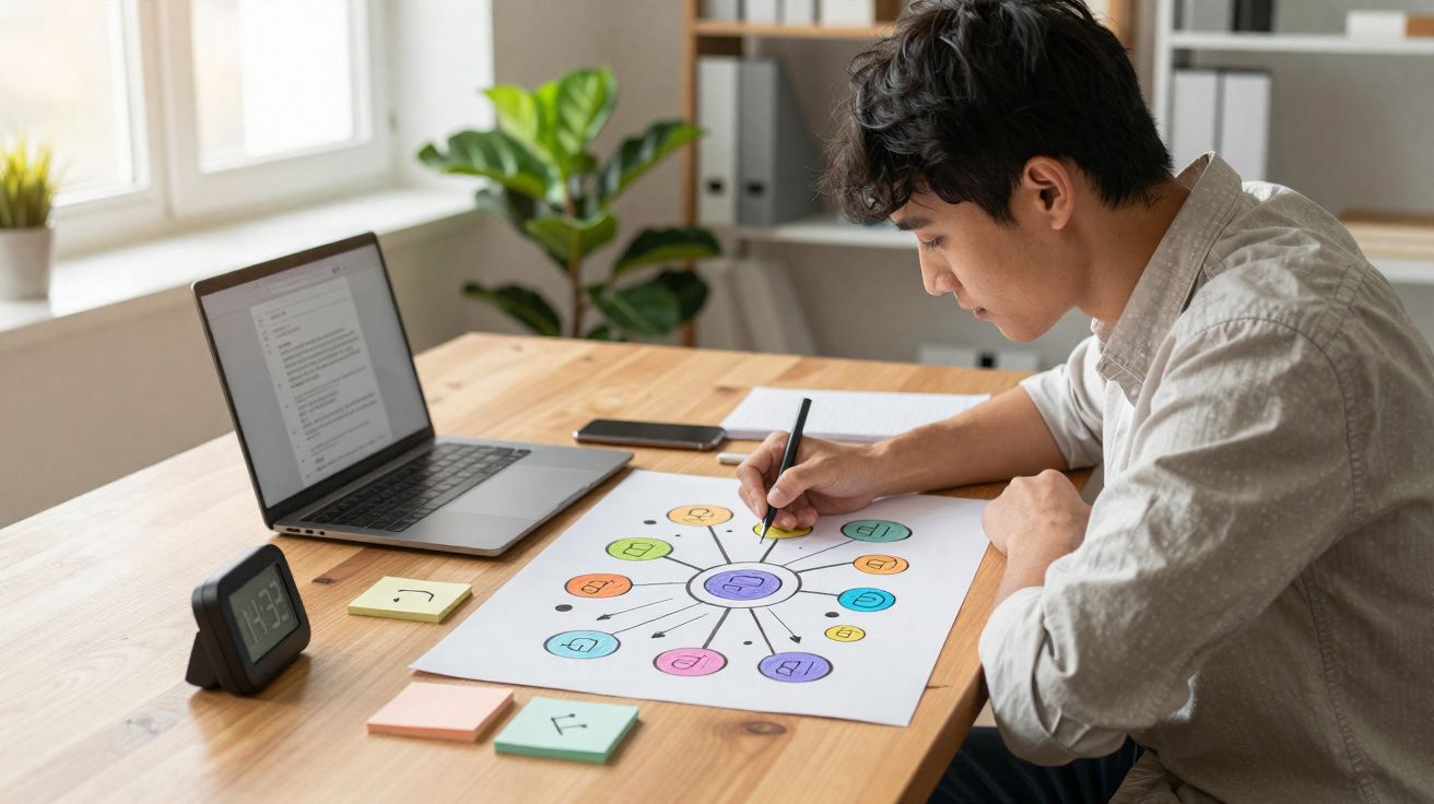 Jovem a desenhar um diagrama colorido numa folha enquanto trabalha num ambiente de escritório com computador portátil.