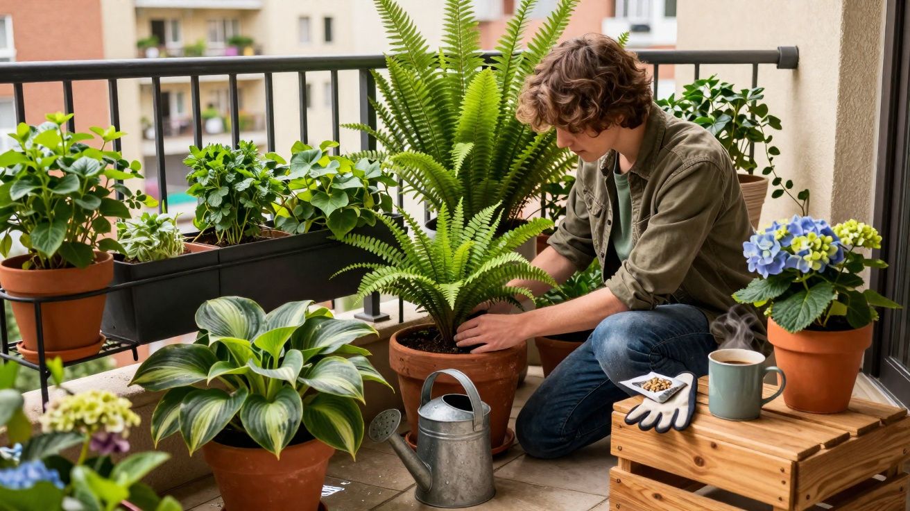 Jovem a cuidar de plantas num varandim com várias flores e um regador ao lado.