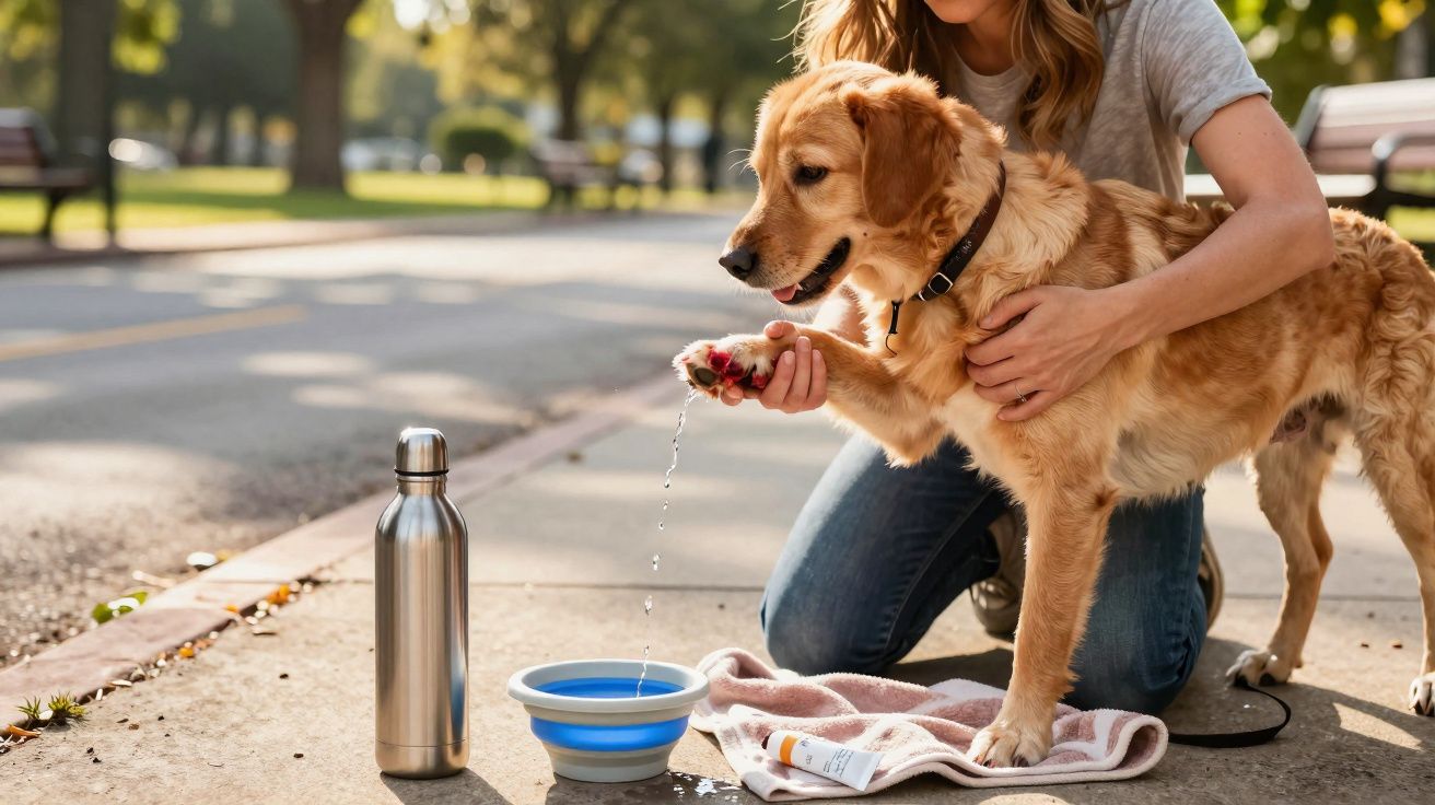 Pessoa ajuda cão dourado a beber água num bebedouro portátil dobrável ao ar livre num passeio.