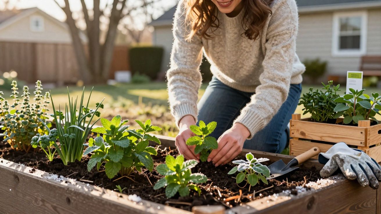 Mulher a plantar ervas aromáticas num canteiro de madeira num jardim ensolarado.