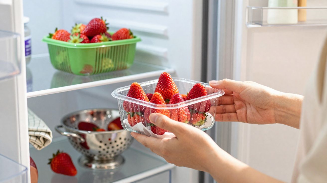 Mãos femininas a colocar caixa de morangos frescos dentro do frigorífico aberto com mais morangos no interior.