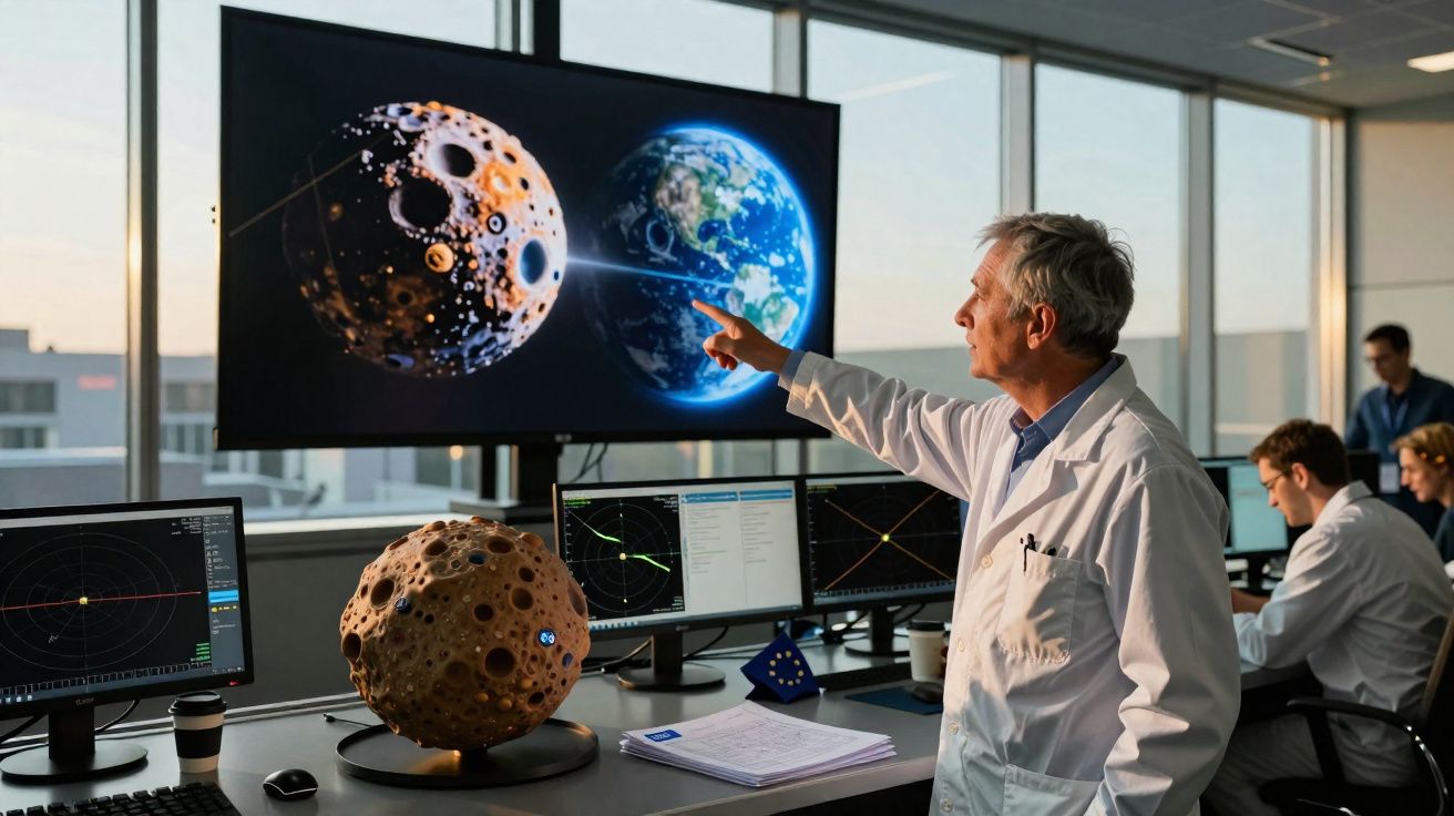 Cientista em laboratório apontando para ecrã com imagem da Terra e lua artificial ao fundo.