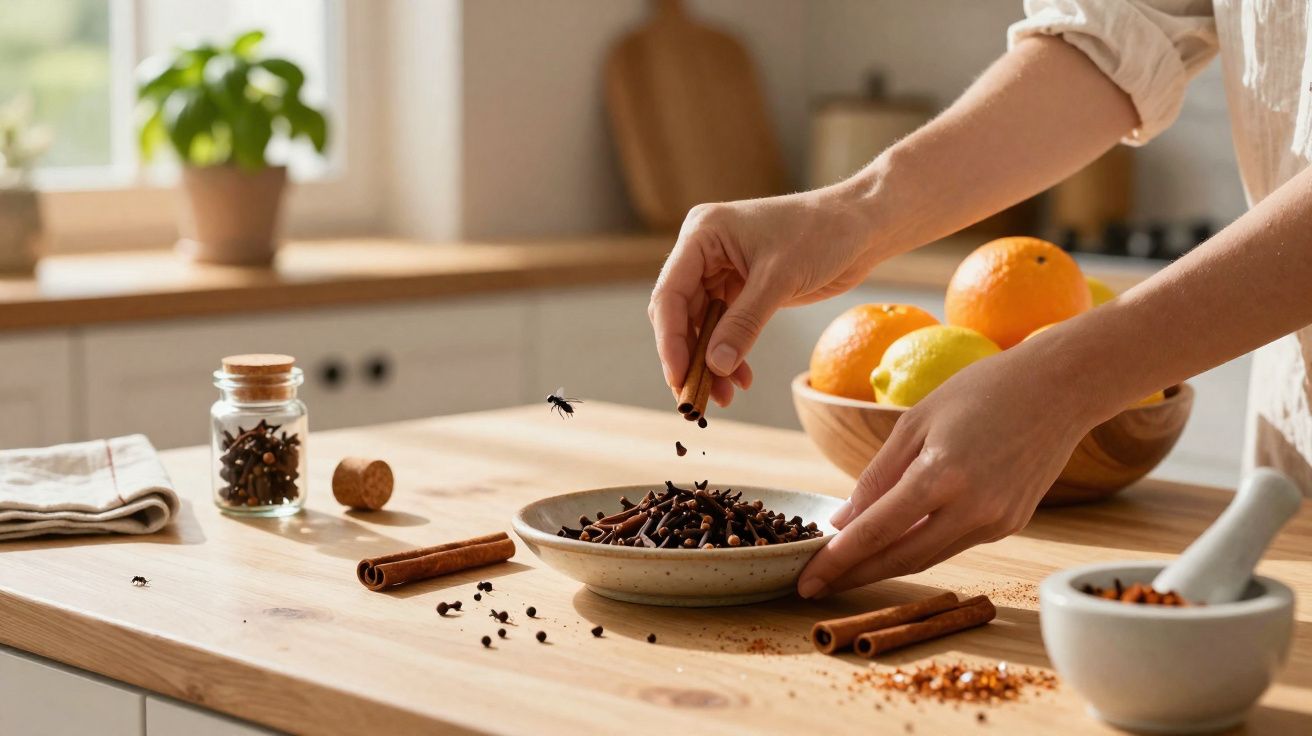 Mãos a colocar cravinho numa tigela, com paus de canela, citrinos e um jarro com cravinho numa cozinha iluminada.