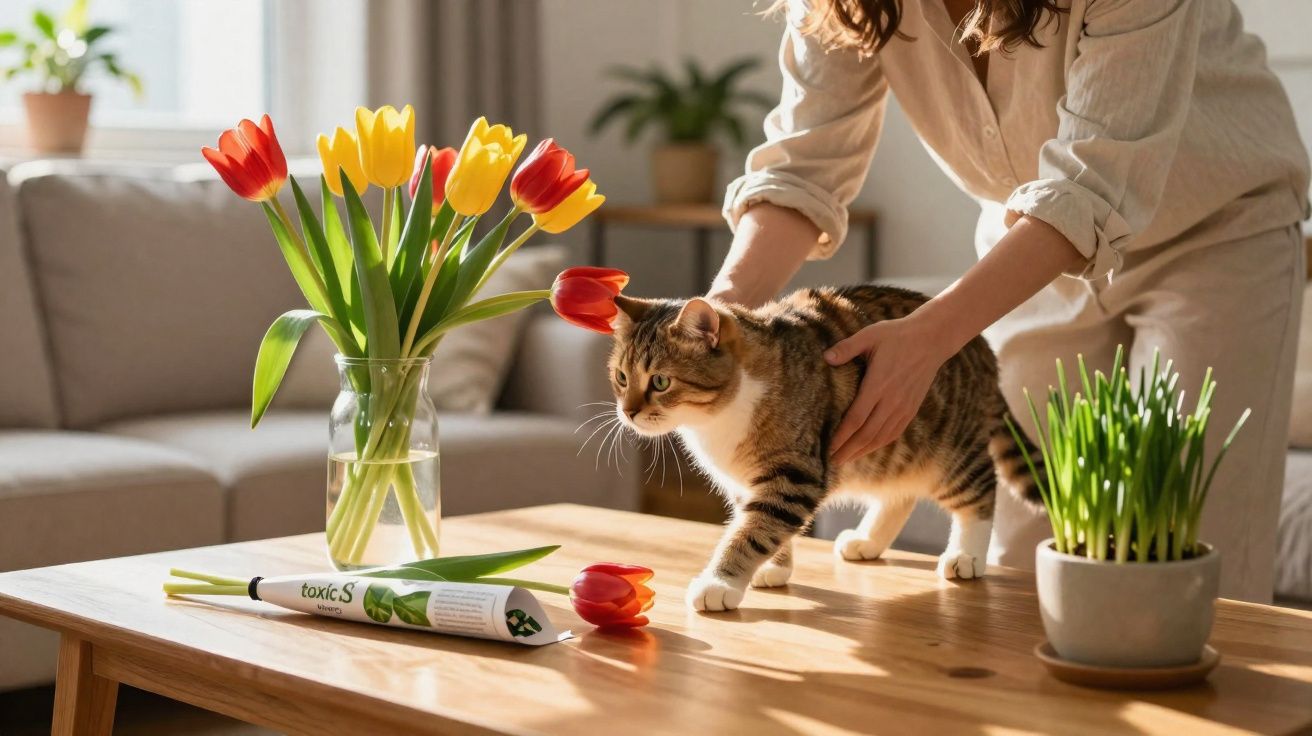 Pessoa a segurar um gato numa mesa com vaso de tulipas e planta, em sala iluminada pelo sol.