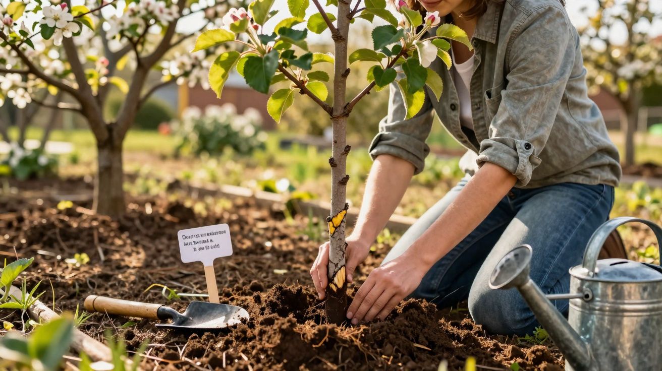 Pessoa a plantar uma árvore jovem florida num jardim com regador e pá junto no solo.