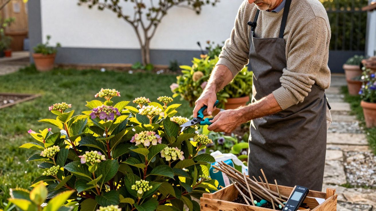 Homem a podar flores num jardim com tesoura e caixa de ferramentas junto.