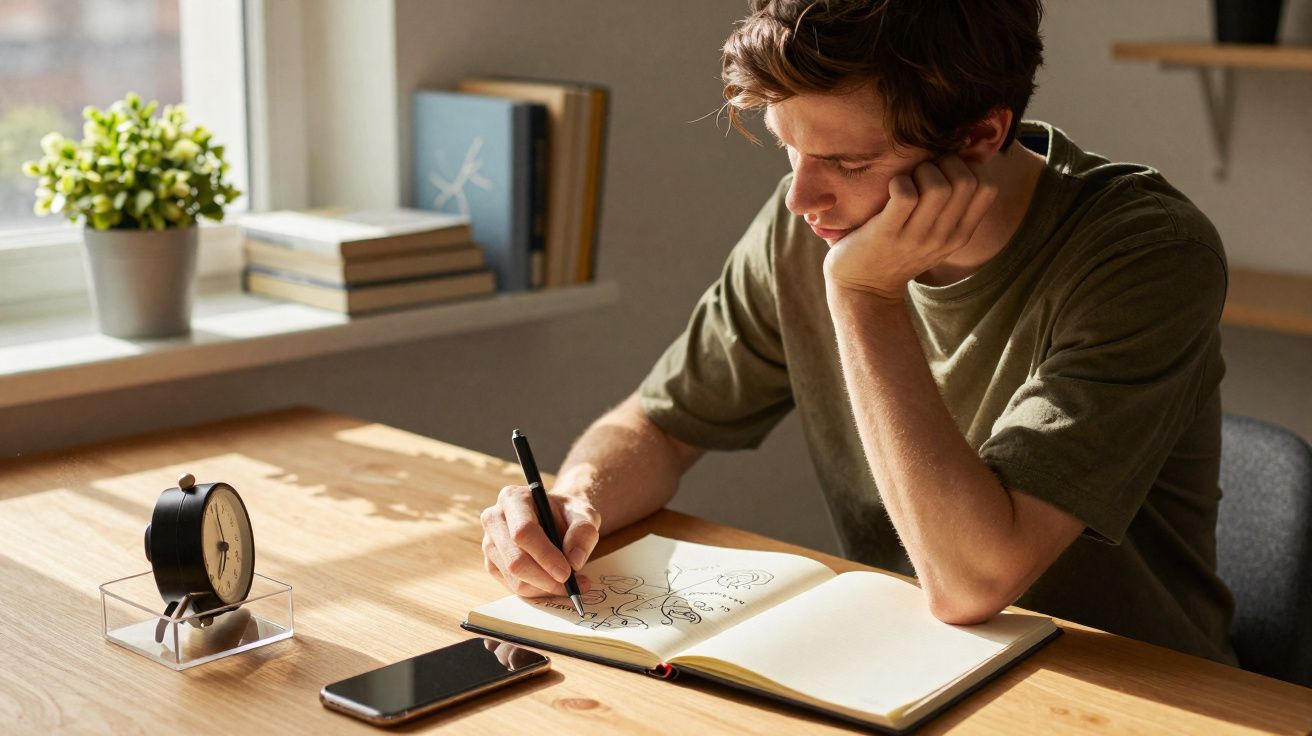 Jovem sentado a desenhar num caderno numa mesa de madeira junto a uma janela iluminada.