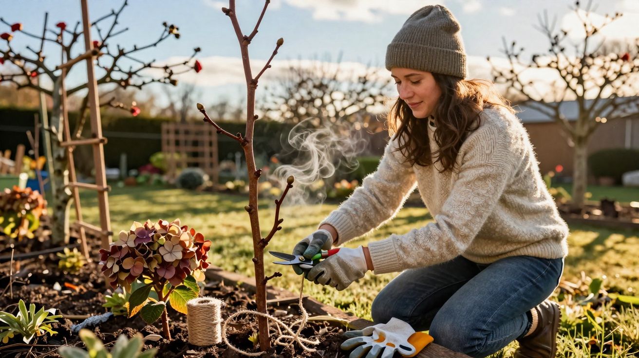 Mulher com roupa de inverno poda árvore jovem num jardim ao ar livre em dia soalheiro.