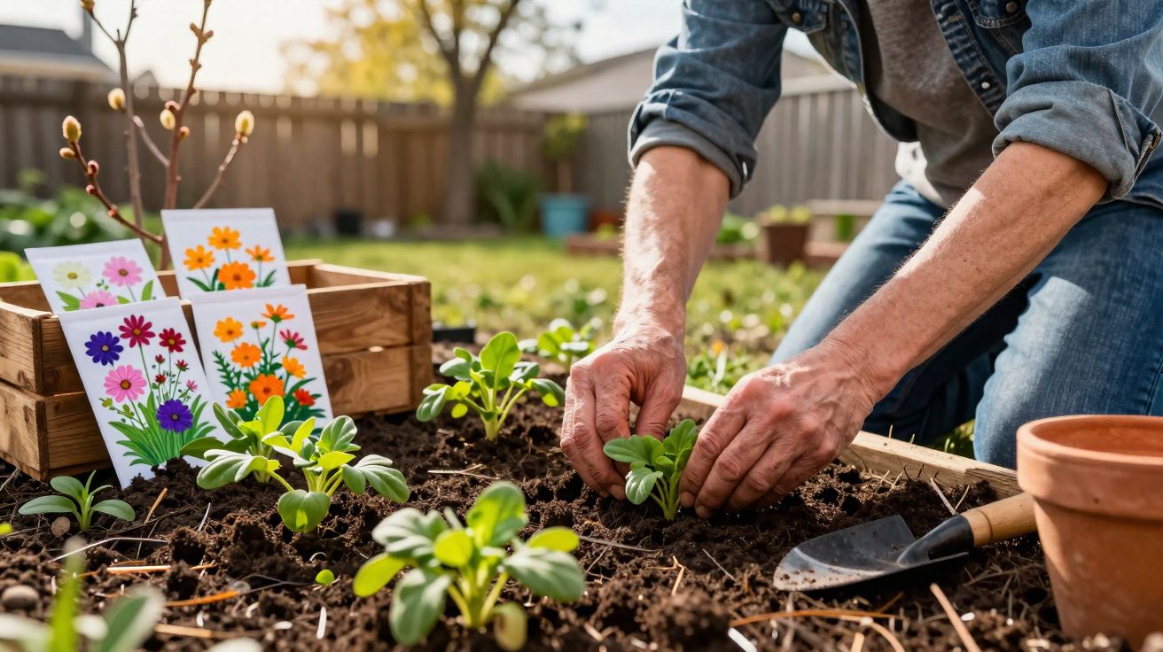 Pessoa a plantar muda em canteiro de jardim com etiquetas de flores ao fundo e ferramenta de jardim ao lado.