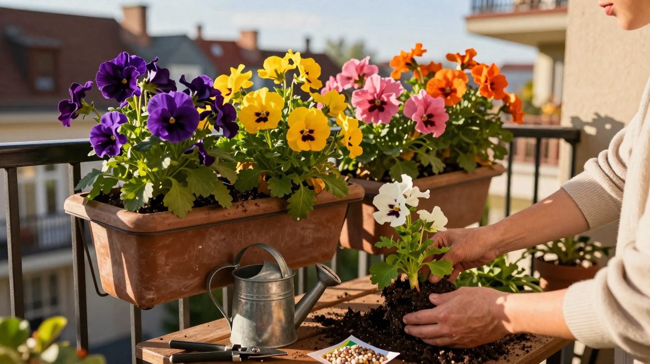 Pessoa a plantar flores coloridas em vasos num terraço ensolarado, com regador e terra numa mesa.