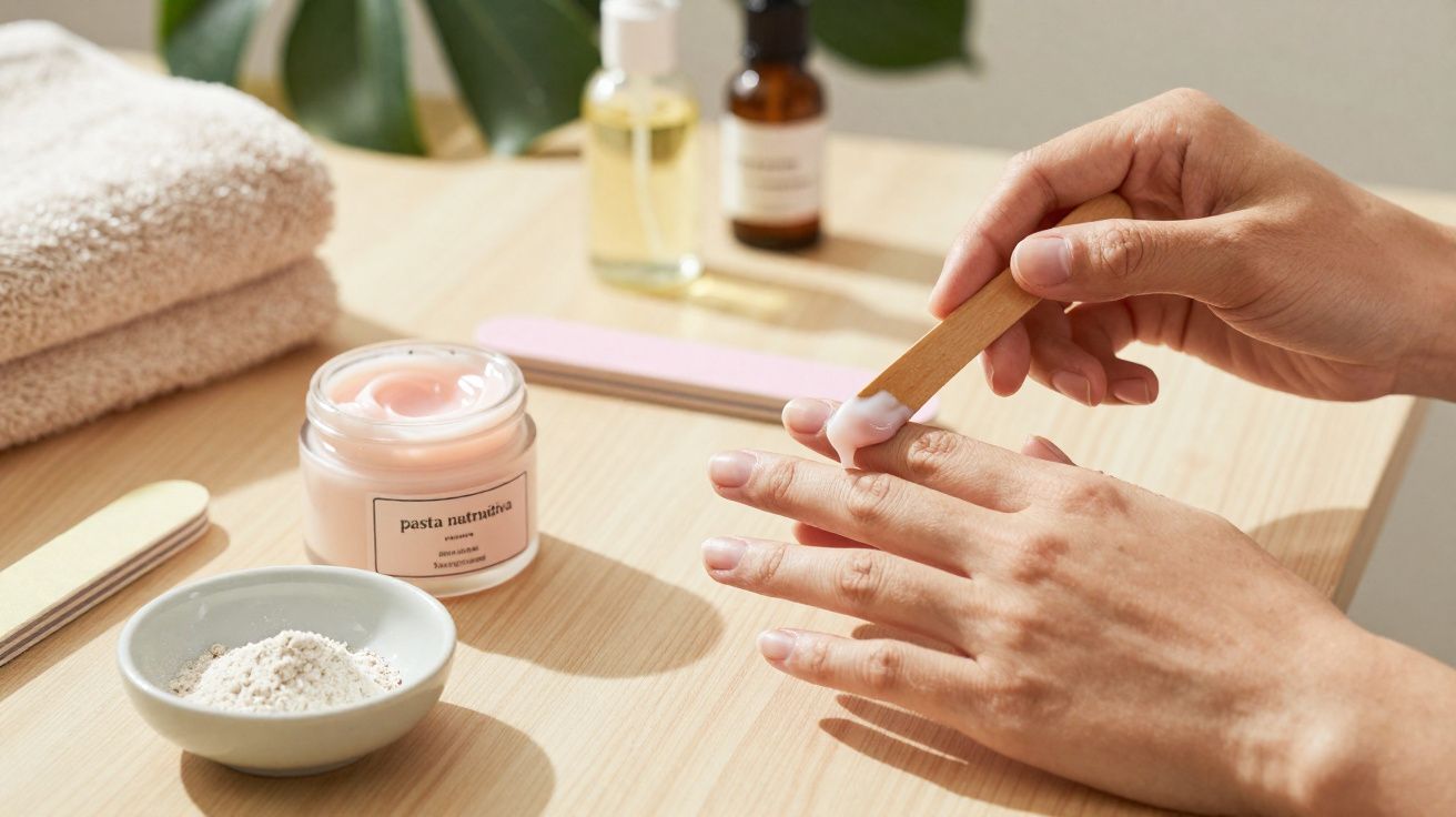 Mãos femininas a aplicar creme hidratante com espátula, rodeadas de toalha, creme, esfoliante e frascos de óleo sobre mesa de