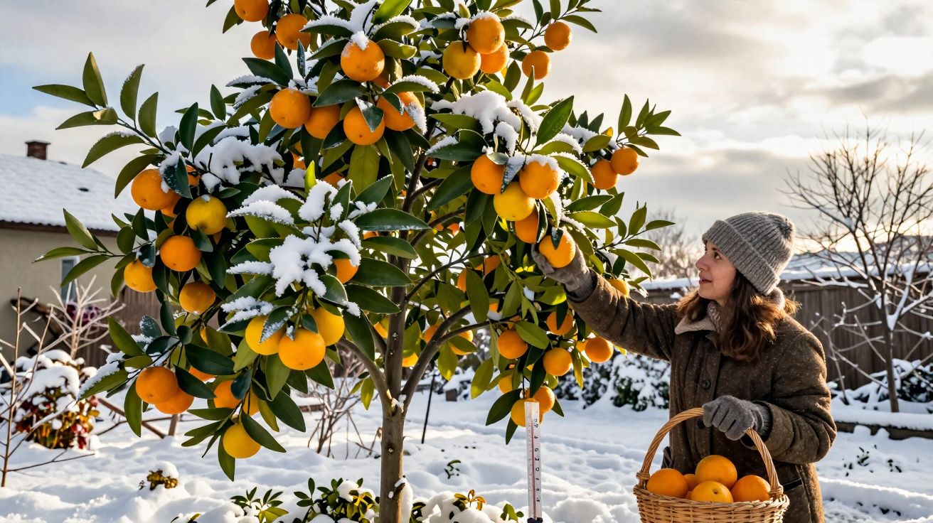 Mulher a colher laranjas de uma árvore coberta de neve num jardim no inverno.