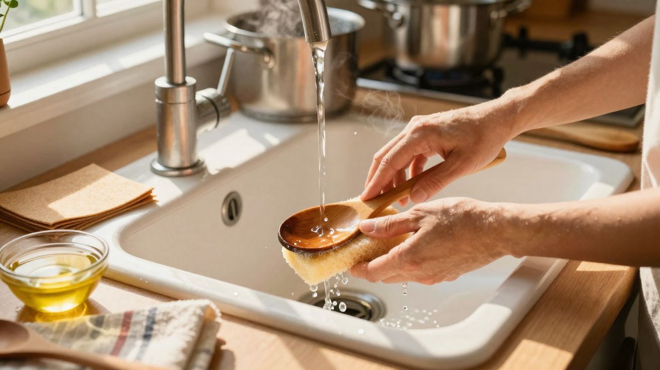 Mãos a lavar uma colher de madeira com escova na pia de cozinha com água a correr e luz natural.