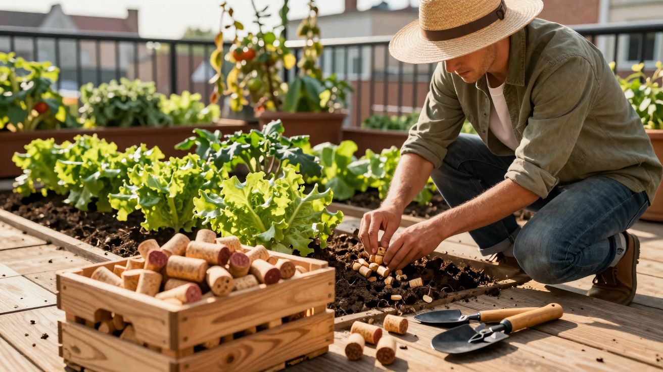Homem a usar chapéu a organizar rolhas em jardim urbano com plantações de alface.