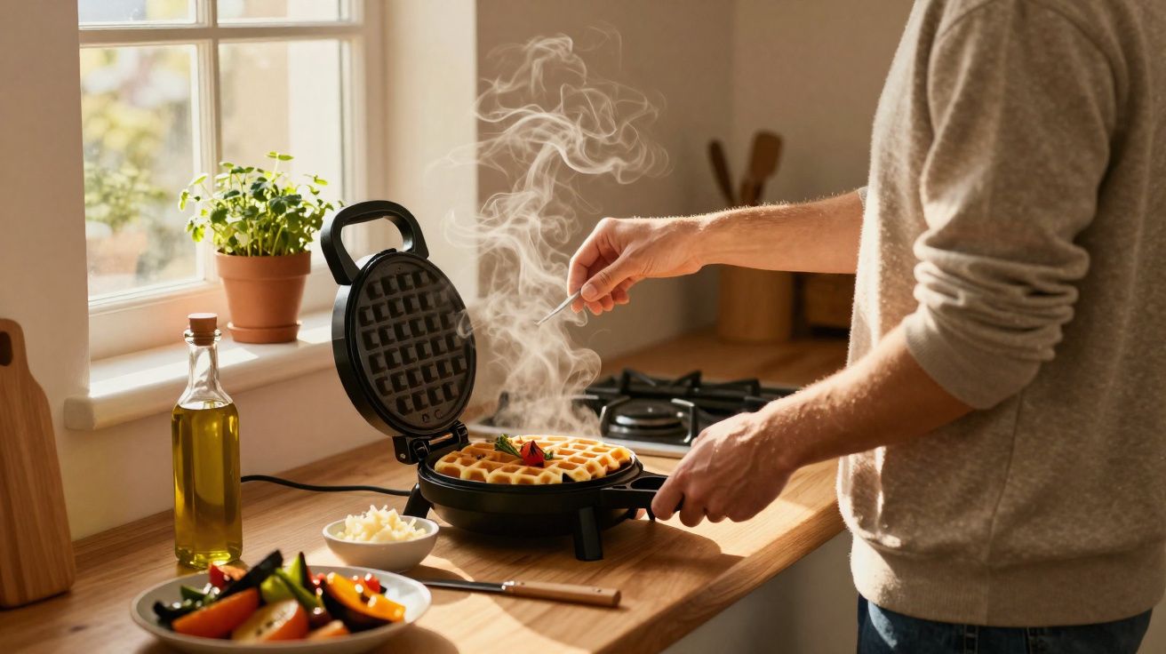 Pessoa preparando waffles frescos num ferro elétrico na cozinha ensolarada com frutas e azeite à mesa.