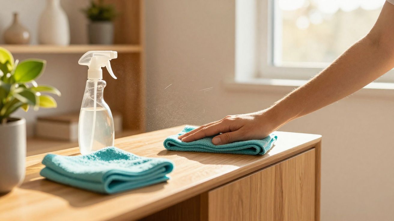 Pessoa a limpar superfície de madeira com pano azul e pulverizador num ambiente luminoso e arrumado.