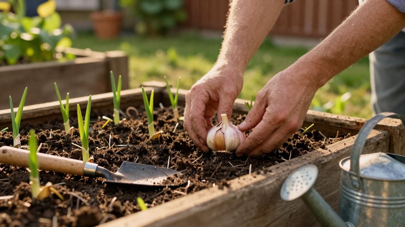 Mãos a plantar um dente de alho numa caixa de madeira com terra fértil, com regador e enxada ao lado.