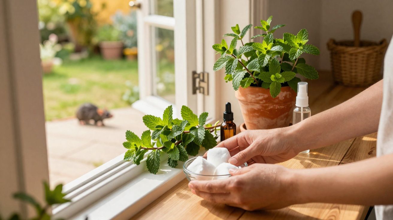 Planta aromática em vaso, frascos de spray e óleo, e mãos a segurar algodão junto a uma janela aberta.