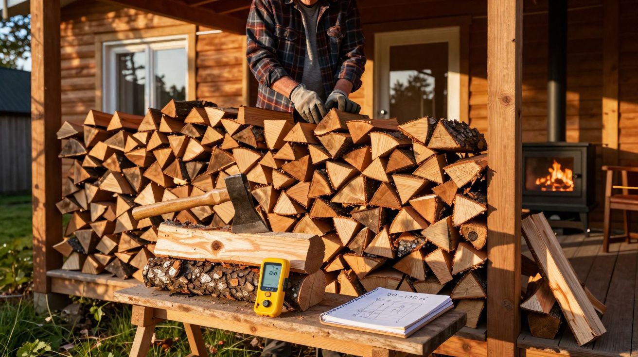 Homem a empilhar lenha junto a casa de madeira com machado, notepad e medidor de humidade na mesa.