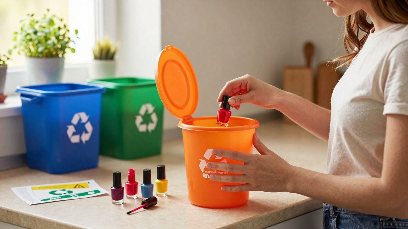 Pessoa a reciclar vidro, colocando verniz de unhas num contentor laranja em cozinha com outros contentores.