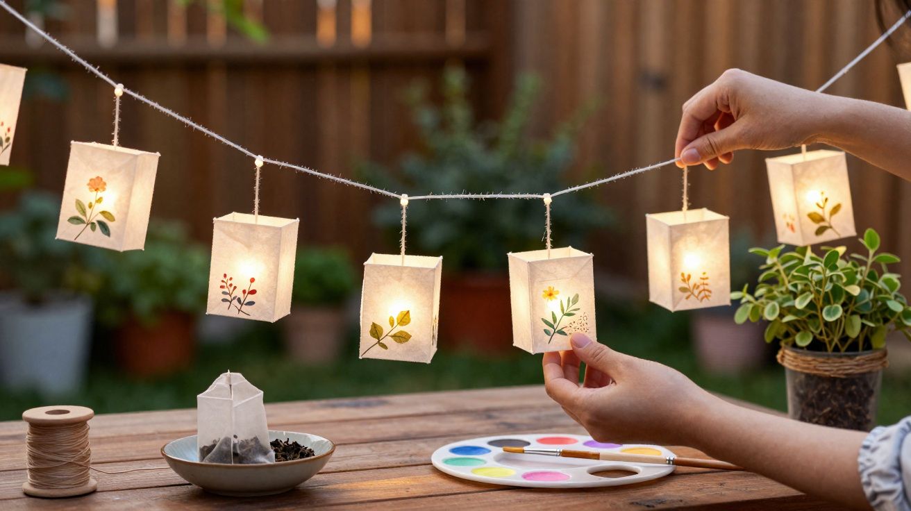 Mãos a pendurar lanternas de papel decoradas com flores e luzes num cordão no jardim ao fim da tarde.