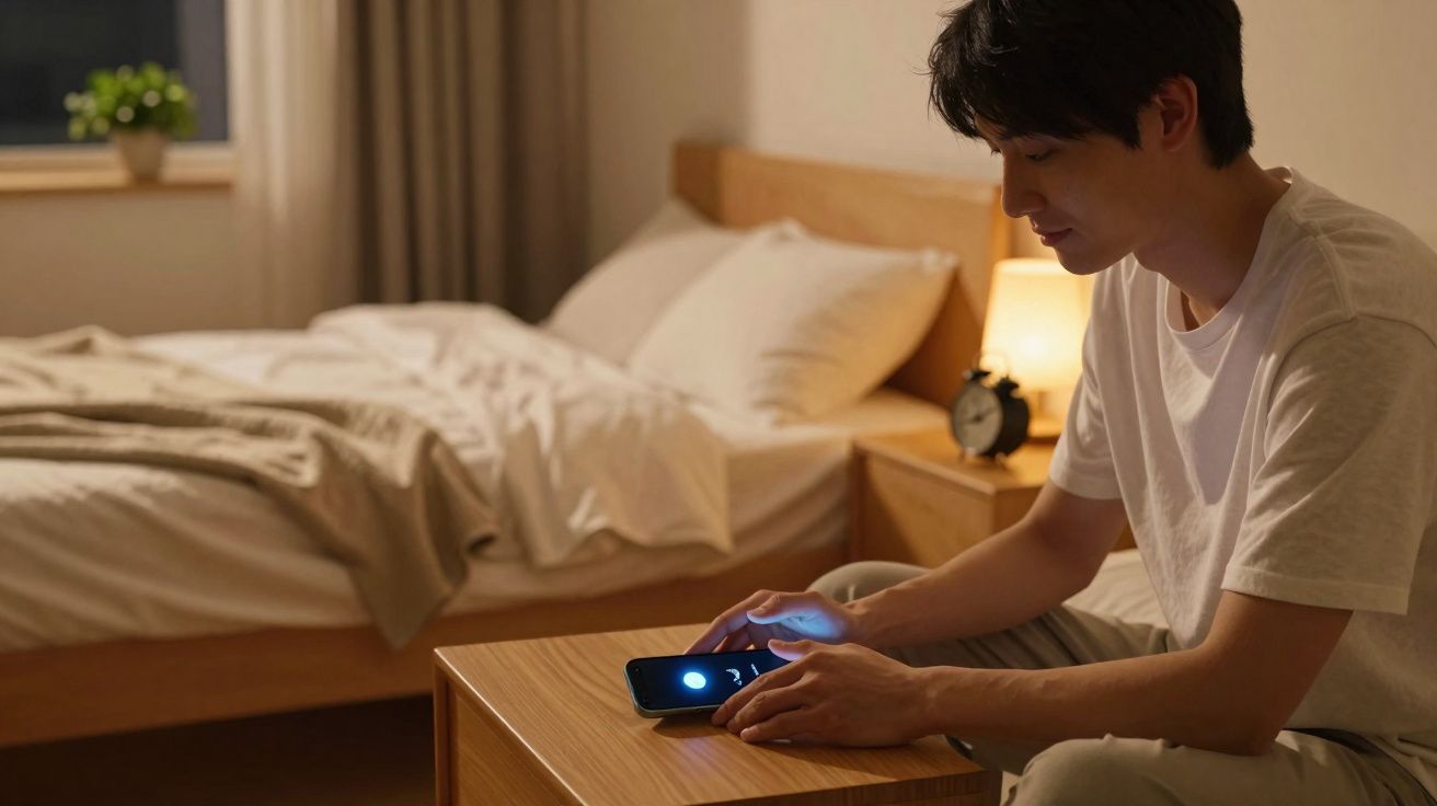 Homem sentado no quarto, sentado à beira da cama, a usar telemóvel sobre uma mesa de cabeceira.