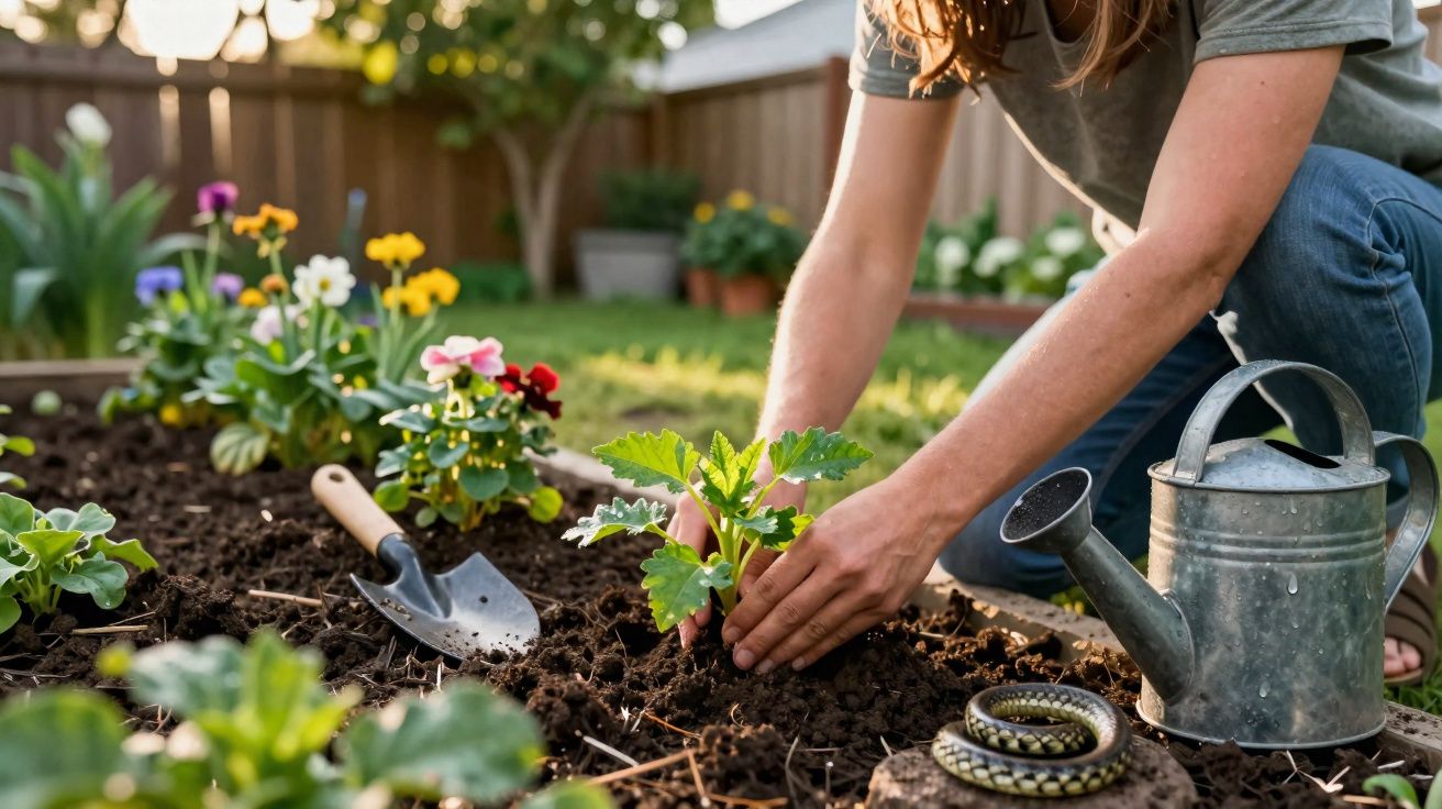 Pessoa a plantar uma muda numa horta com regador, ancinho de jardinagem e flores ao redor.