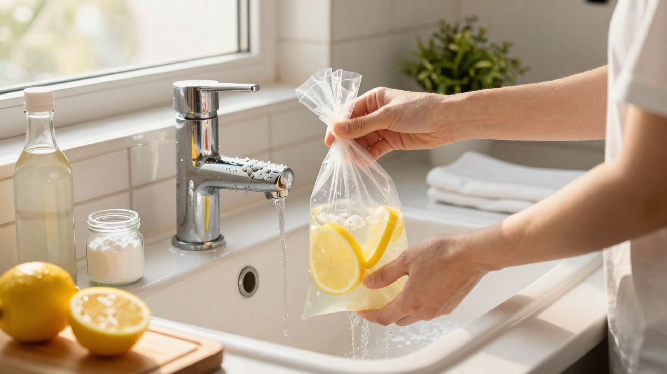 Mãos seguram saco de plástico com limões em torneira aberta sobre pia, com limões cortados e produtos de limpeza.
