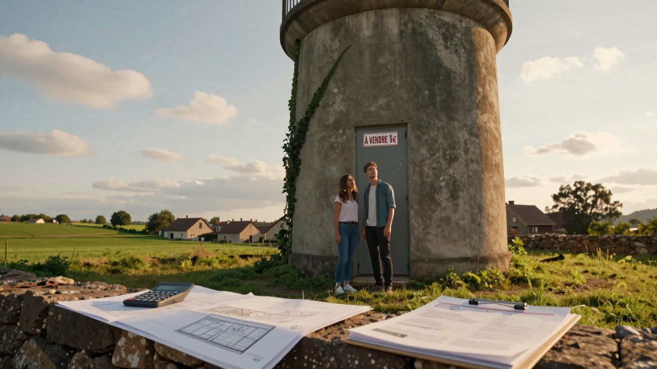 Casal jovem a observar moinho antigo à venda por 1 euro, com plantações e casas ao fundo.