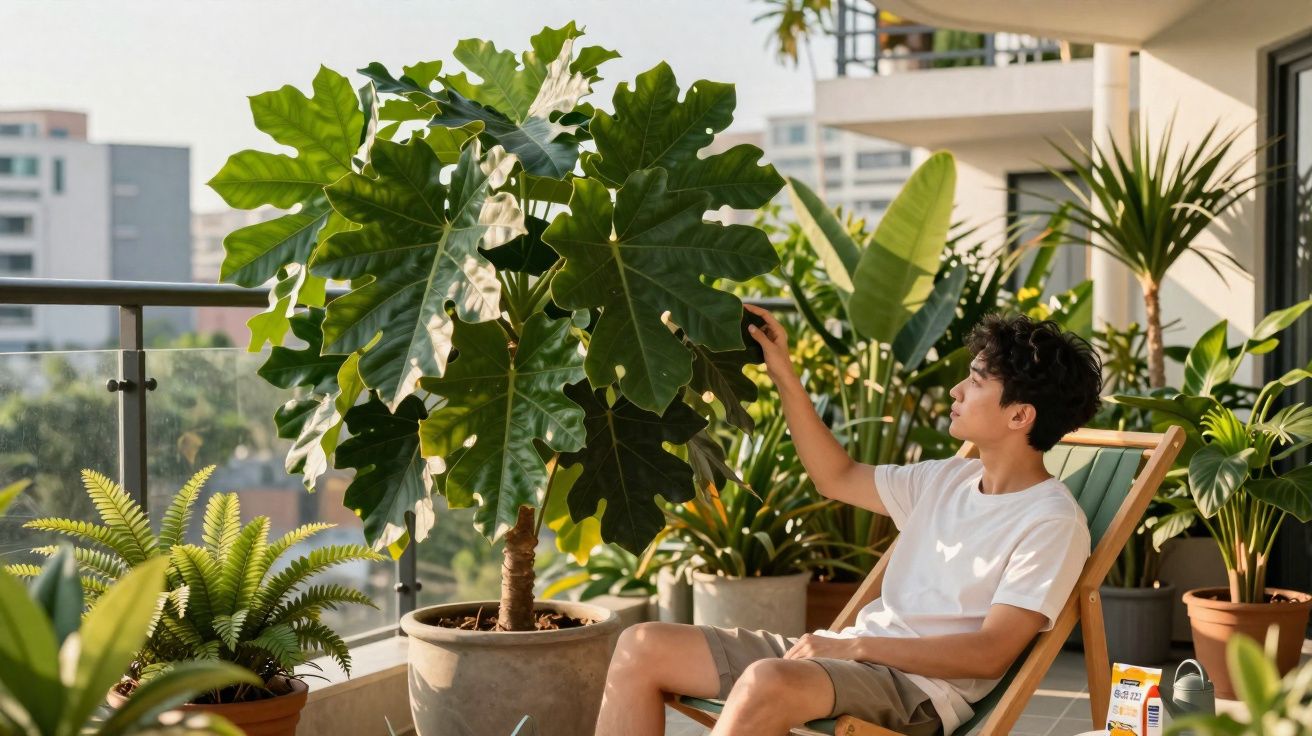 Jovem sentado numa cadeira de madeira numa varanda cheia de plantas, a tocar numa folha grande.