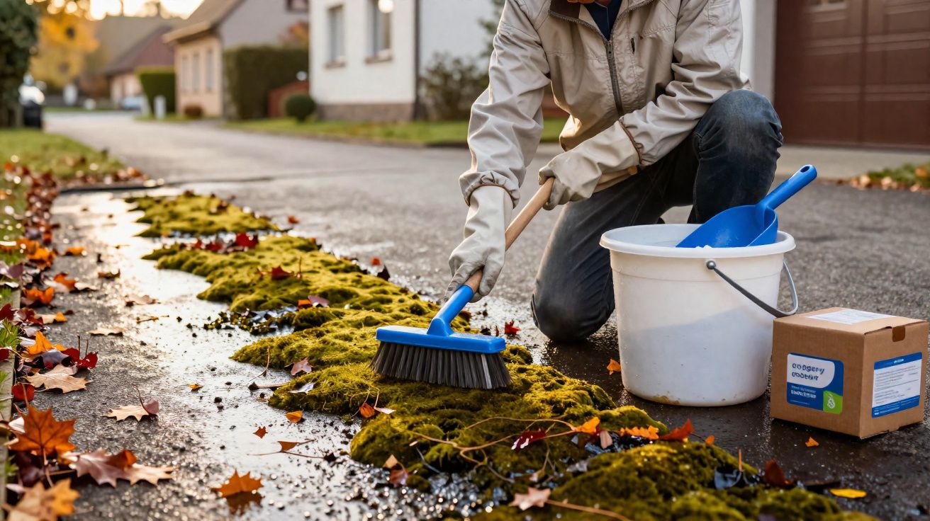 Pessoa a limpar musgo e folhas caídas numa rua com uma vassoura e balde branco.