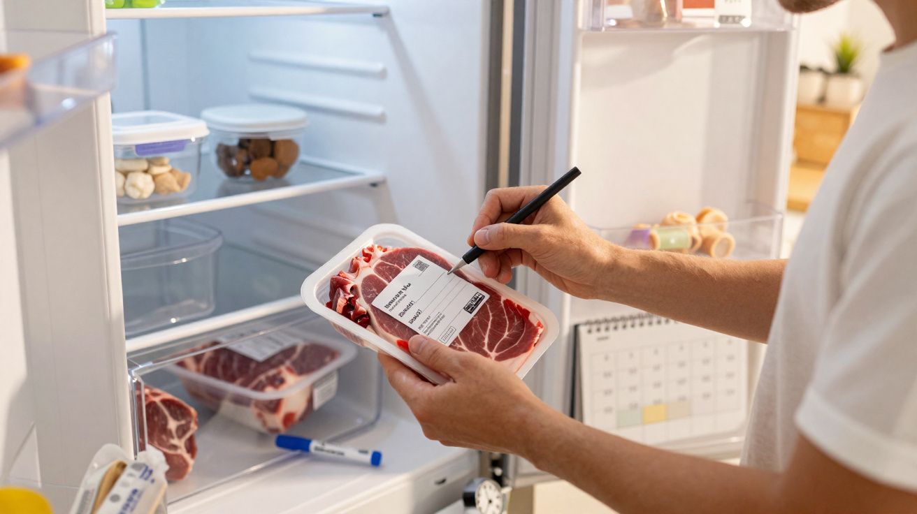 Pessoa a escrever a data num pacote de carne crua junto a um frigorífico aberto com mais carne no interior.