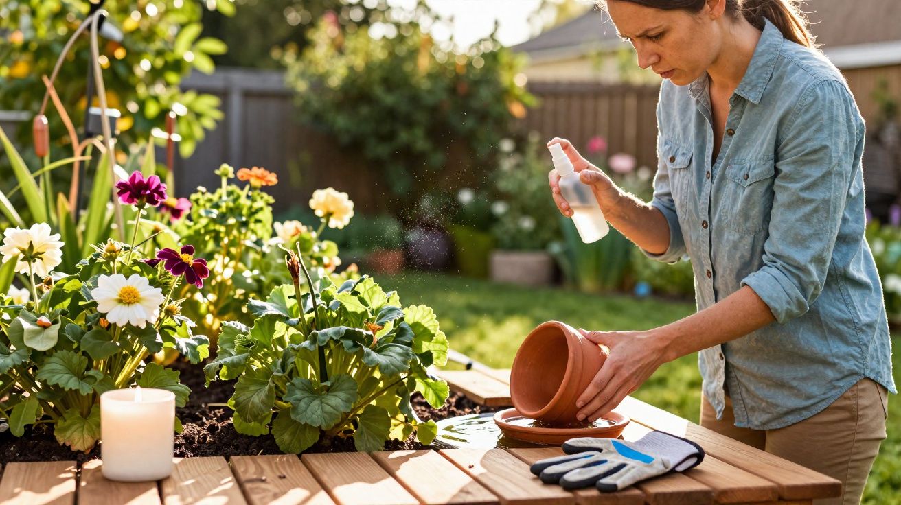 Mulher a borrifar vaso de flores num jardim com luvas e vela sobre mesa de madeira.
