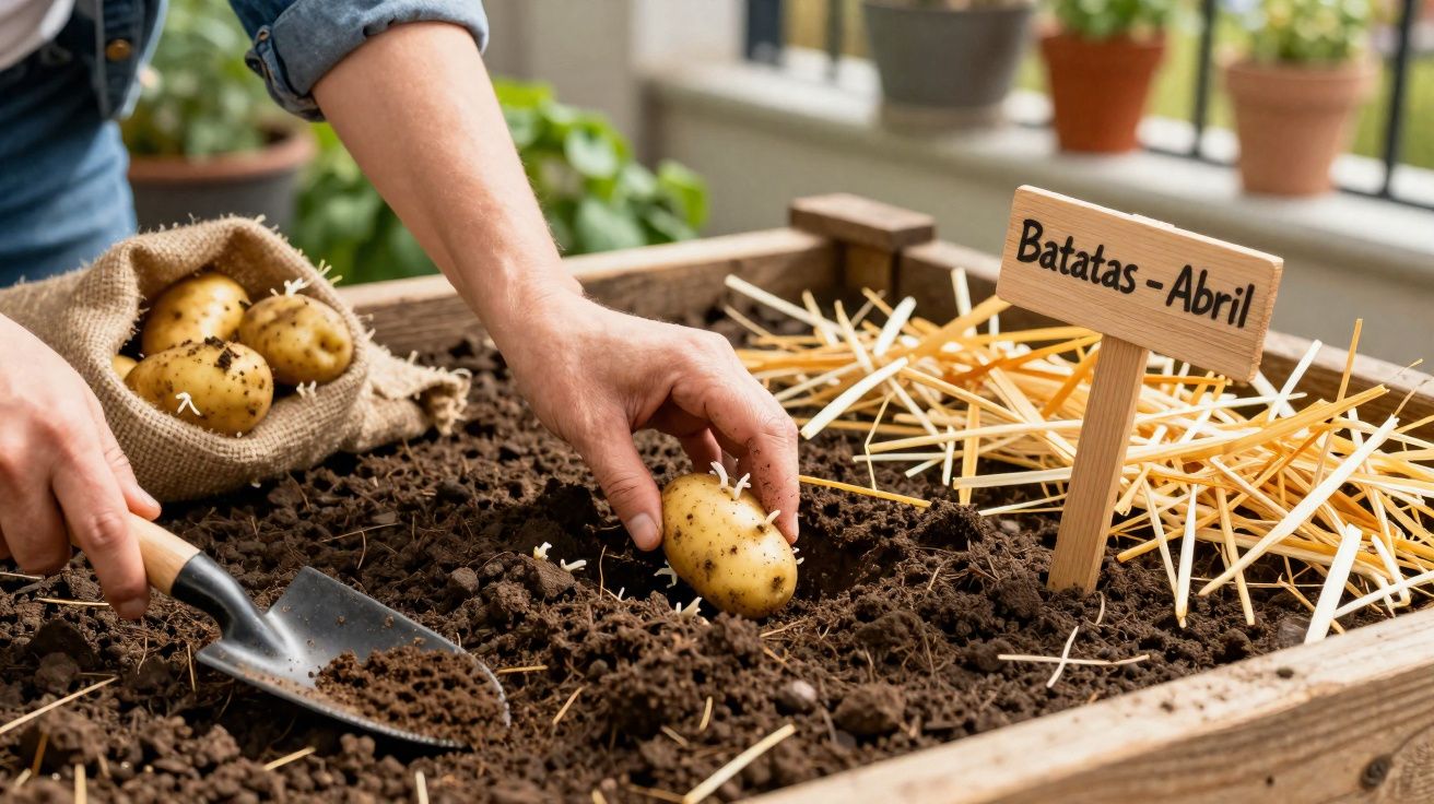 Pessoa a plantar batatas em canteiro com placa indicando "Batatas - Abril".