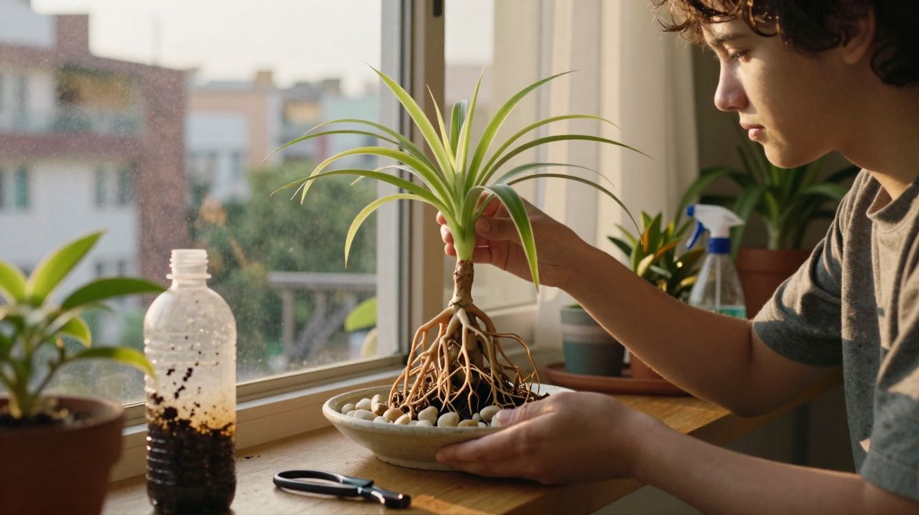 Pessoa a cuidar de planta com raízes expostas numa jarra junto à janela num ambiente interior iluminado.