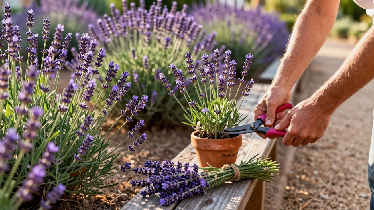 Pessoa a cortar flores de lavanda num vaso de terracota num jardim ensolarado.