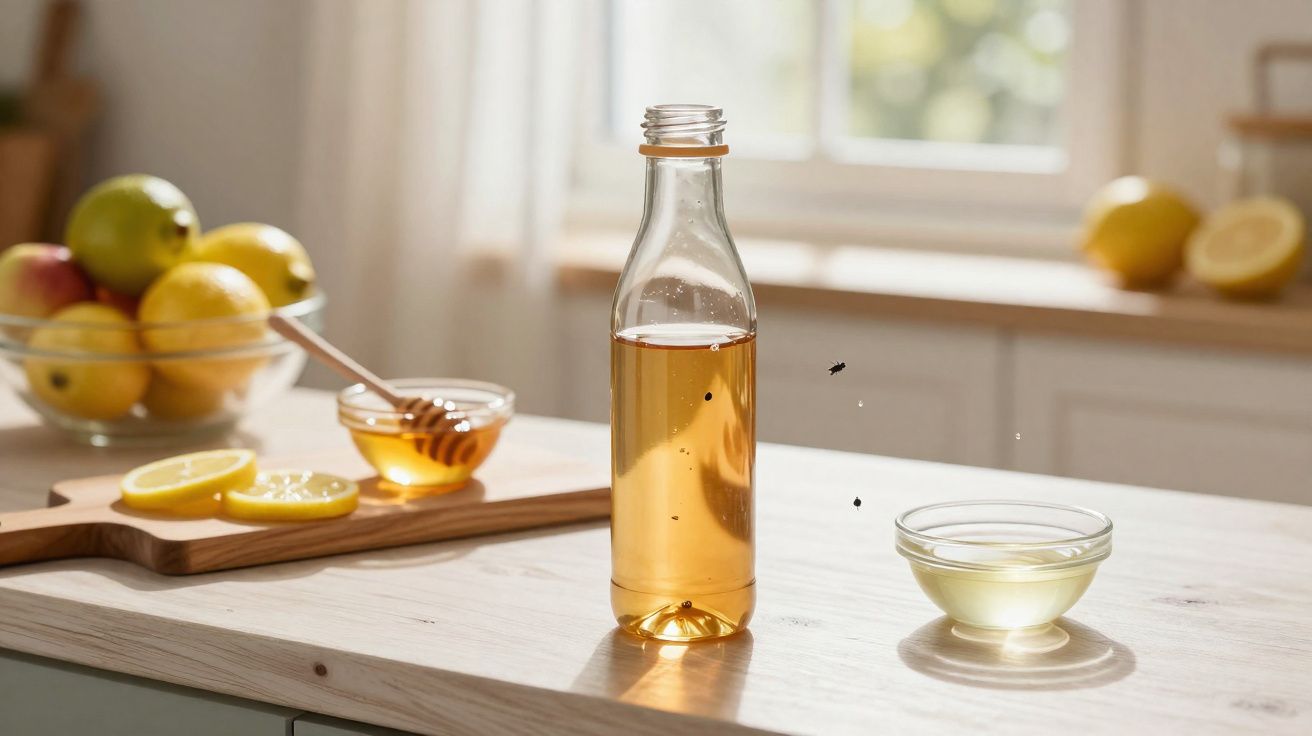 Garrafa de vidro com mel, tigela com líquido, limões cortados e potes de mel numa mesa de cozinha iluminada.