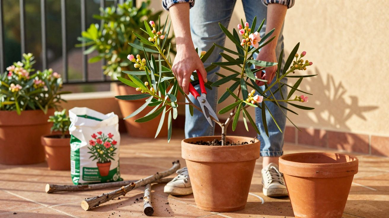 Pessoa a podar planta com flores num vaso de barro num terraço com sol.
