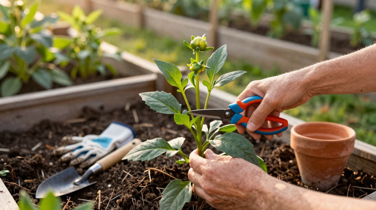 Mãos a podar planta verde num jardim com tesoura de poda, pá e luvas ao fundo na terra.
