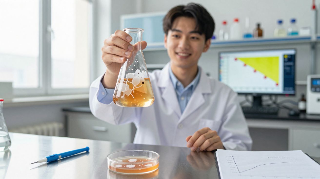 Cientista com bata branca segurando um frasco com líquido amarelo num laboratório moderno.