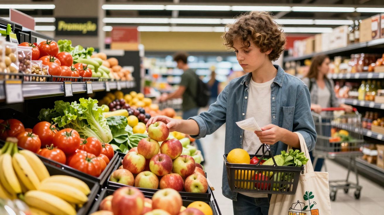 Jovem rapaz escolhe maçãs na seção de frutas e legumes de um supermercado com carrinho e lista de compras.