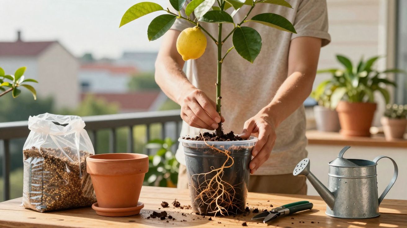 Pessoa a transplantar uma planta de limão num vaso transparente sobre uma mesa de madeira ao ar livre.
