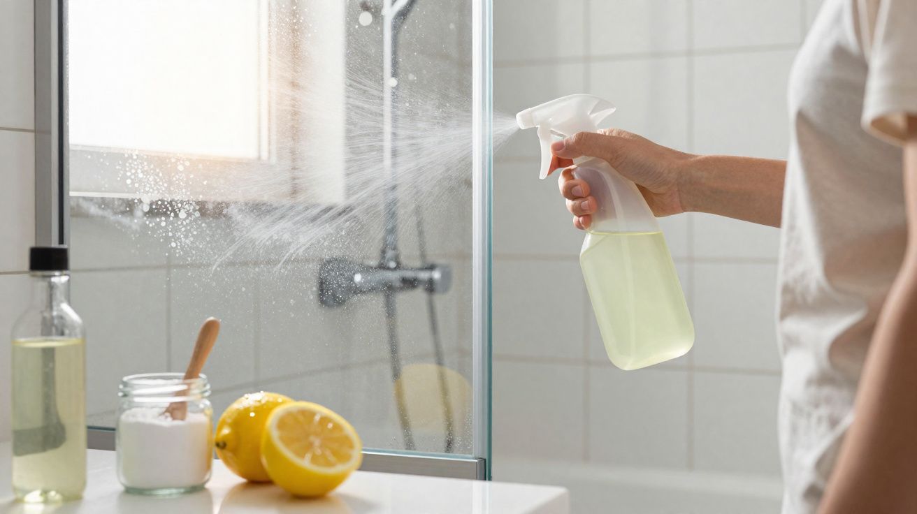 Pessoa a borrifar solução caseira de limpeza de vidros com limão numa porta de chuveiro de vidro.